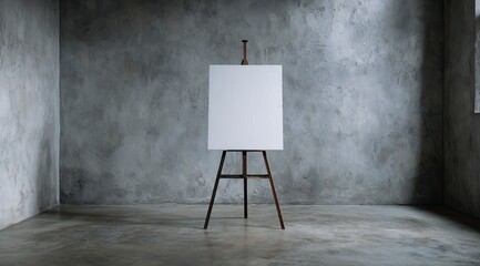 Blank canvas on a wooden easel stands in a minimalist, textured concrete room