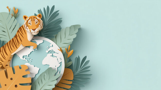 Save Tigers Illustration for Global Tiger Day with Earth, Tropical Leaves and Cute Paper Tiger on Globe