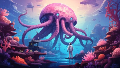 Octopus Encounter Astronaut Underwater Scene