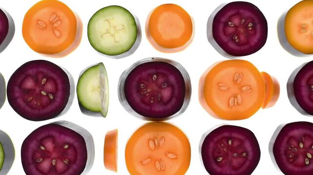 Colorful Vegetable Slices Arranged In Row On White Background