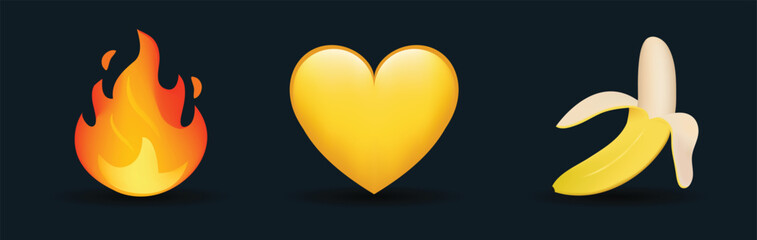 3 emoticons isolated on white background. Yellow color heart, flame, banana vector emoji illustration. 3d illustration set.
