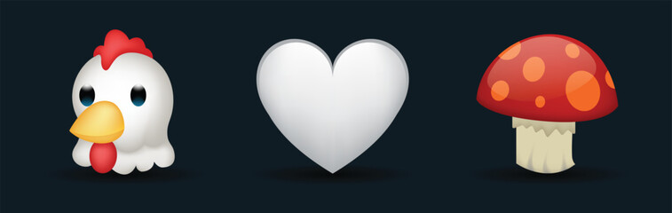 3 emoticons isolated on white background. White color heart, rooster, mushroom vector emoji illustration. 3d illustration set.