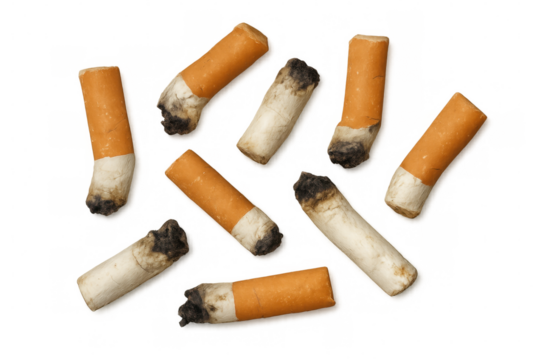Cigarette butts with charred tips scattered against transparent surface, representing environmental waste from smoking habits