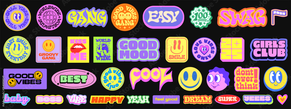 Poster cool y2k stickers vector elements set. collection of funny pop art patches. groovy graphics. cute 20