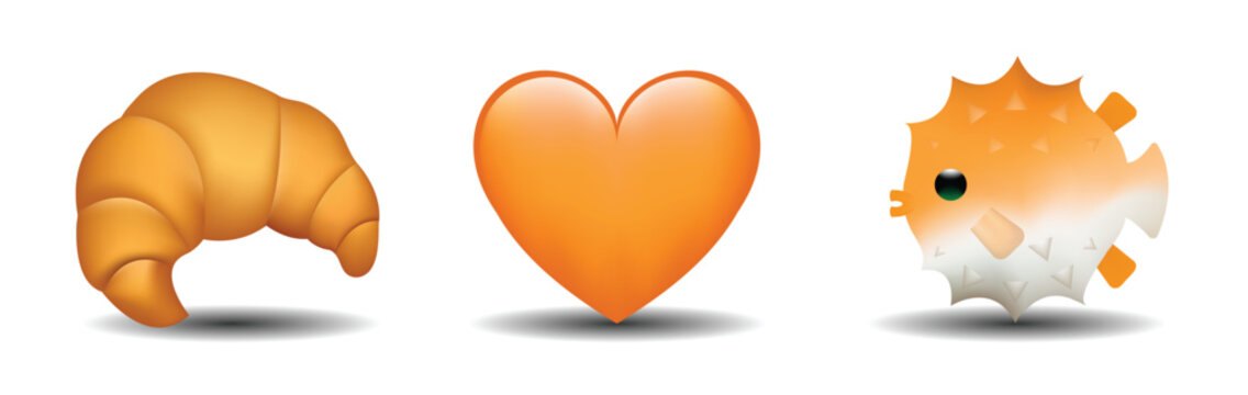 3 emoticons isolated on white background. Orange color heart, puffer fish, croissant vector emoji illustration. 3d illustration set.