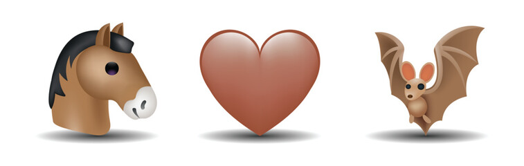 3 emoticons isolated on white background. Brown color heart, horse, bat vector emoji illustration. 3d illustration set.