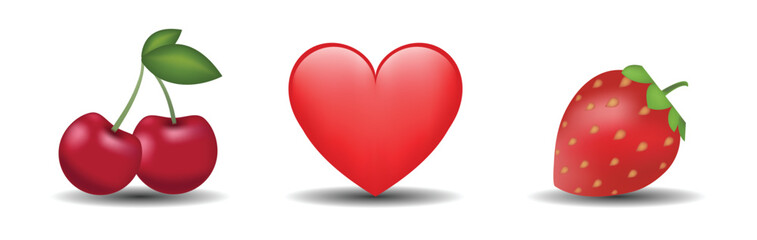 3 emoticons isolated on white background. Red color heart, cherry fruit, strawberry vector emoji illustration. 3d illustration set.