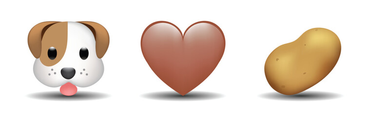 3 emoticons isolated on white background. Brown color heart, dog, potato vector emoji illustration. 3d illustration set.
