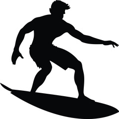 Silhouette of a male surfer riding a surfboard on a white background