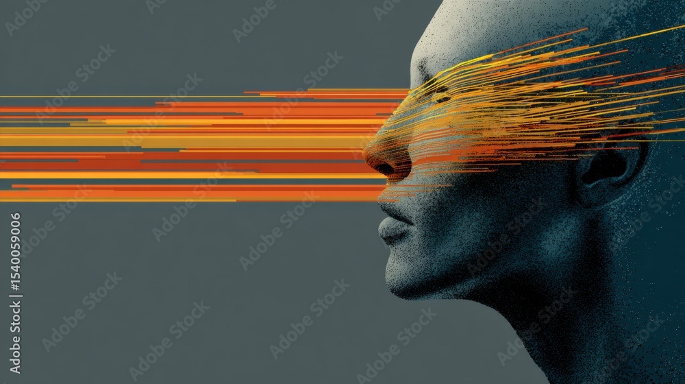 Poster stylized head depicting anxiety with explosive lines emanating from the temple, illustrating the fee