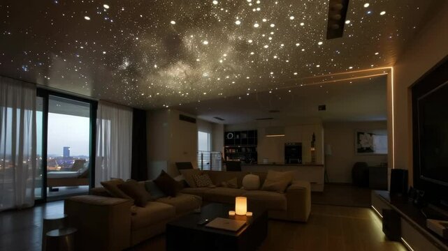 Modern spacious living room with starry ceiling