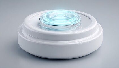 This 3D illustration showcases a smart home hub featuring a holographic control wheel against a clean white background.
