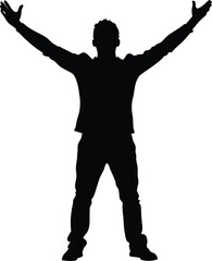 Silhouette of a man standing with arms raised in triumph and joy