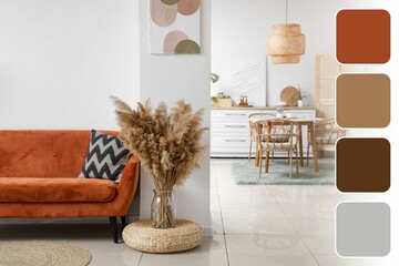 Interior of light studio apartment with brown sofa. Different color patterns