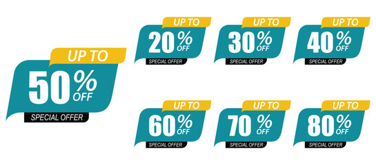 Sale tag speech bubble red shape with different discount set. 10, 20, 30, 40, 50, 60, 70 and 80 percent price clearance sticker badge. Vector illustration on white background.