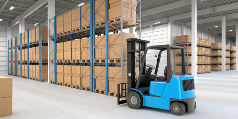 Detailed 3D Rendering of a Blue Forklift Operating in a Large Warehouse