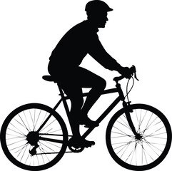 Obraz premium Silhouette of a man riding a bicycle, wearing a helmet, on white