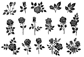 Black rose silhouette. Floral tattoo elements, abstract roses flower blossom icons, botany rose plant leaf bud stem icons for tattoo design. Vector isolated set