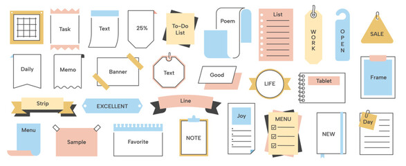 Simple memo. Paper note frame pages with titles, cute sticky notes paper with lined and crossed borders for writing. Vector note page sticker set