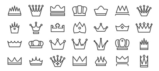 Crown line icons. Queen king crowns royal symbols, royalty luxury geometric crowns, success award and leadership concept. Vector simple heraldic outline set
