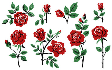 Red rose tattoo. Floral blossom silhouette with leaves, romantic roses flower icons for love and wedding design, simple rose bloom elements. Vector tattoos isolated set