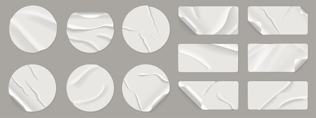 Wrinkled round stickers. Crumpled texture circle paper labels with adhesive glued tape, realistic round rectangle wrinkle sticker badges mockup for sale price. Vector isolated set