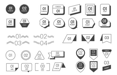Simple list element. Title frame doodle geometric figures with numbers forms and shapes, check marks and memo banners. Vector number bullet point isolated set