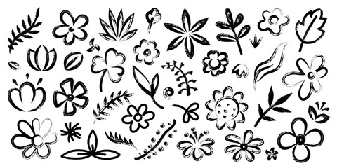 Hand drawn brush flower. Floral ink sketch elements, grunge doodle floristic stroke silhouettes, simple spring blossom plants. Vector isolated set