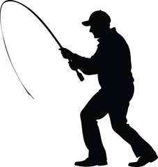 Obraz premium Silhouette of a fisherman with a bent fishing rod on white background