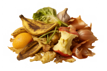Decomposing organic waste piling up, showcasing spoiled fruits and vegetables highlighting food waste problem against clean transparent backdrop