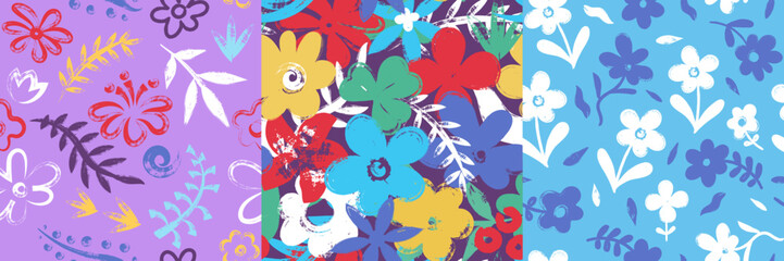 Color floral brush pattern. Abstract flower blossom seamless print, artistic botanical brushstroke texture with leaves and flowers for fabric wallpaper design. Vector set