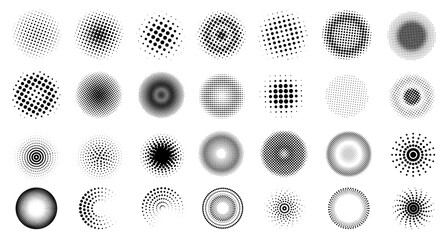 Halftone circles. Black dotted round shapes for retro graphic design, monochrome gradient half tone spot elements modern texture. Vector pop art set