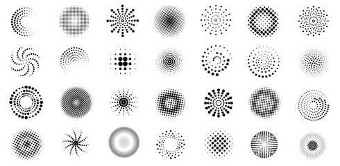 Half tone circle shapes. Dotted round geometric elements, abstract brush dots pop art textures, retro vintage comic splash and dot spray symbols. Vector isolated set