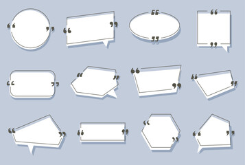 Quote mark banner. Text boxes with quotation marks, speech bubble frames for message UI, comment dialog quotes borders for blog feedback design. Vector isolated set