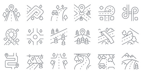 Road line icon. Highway street tunnel bridge, winding road with turn direction arrows, crossroad and roundabout traffic infographics elements. Vector city roads set