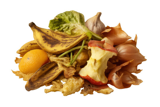 Decomposing organic waste piling up, showcasing spoiled fruits and vegetables highlighting food waste problem against clean transparent backdrop