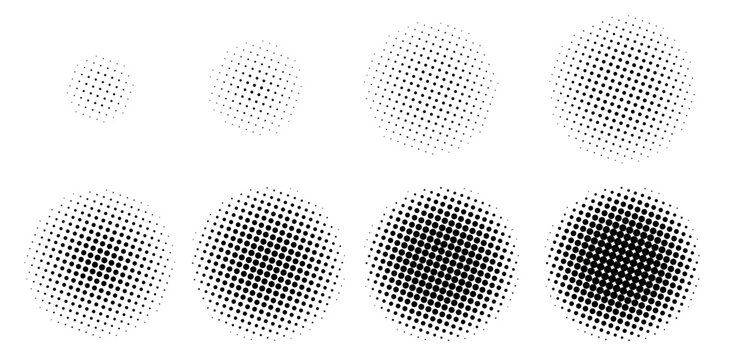 Half tone growing circles. Dotted round shapes, circular gradient frames for logo design, black and white halftone radial dots stipple patterns. Vector circle dot set