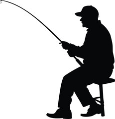 Naklejka premium A man sits fishing on a stool in black silhouette image