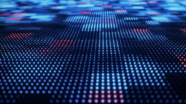 A Hi tech motion graphic background, blue and red flickering dots on dark background