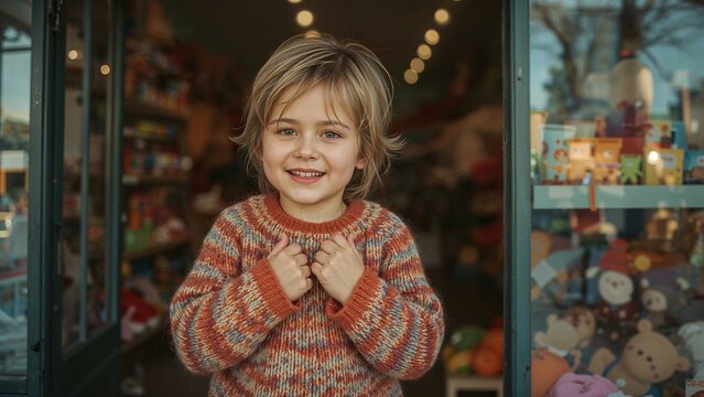 A smiling child in a sweater stands in the doorway of a shop filled with toys and other items - Powered by Adobe