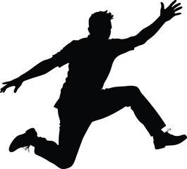 Silhouette of a man jumping with excitement, raising one arm triumphantly