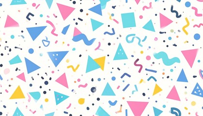 3D Memphis Style Geometric Pattern Background - Colorful Pastel Shapes and Confetti Design