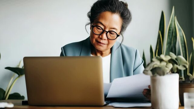 A woman in a blue suit is sitting at a desk with a laptop and a piece of paper. She is looking at the laptop screen and she is reading something on the paper. Concept of focus and concentration