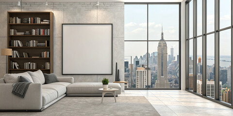Inviting Blank Poster Mockup in a Modern Living Room with City Views