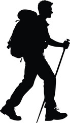 Silhouette of a male hiker with backpack and hiking pole on white