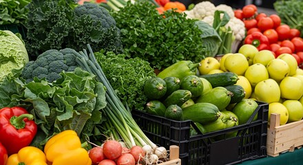 Closeup of vibrant freshly harvested organic produce at farmers market. Locally grown fruits and vegetables and bio products are available at the outdoor farm fair trade booth.