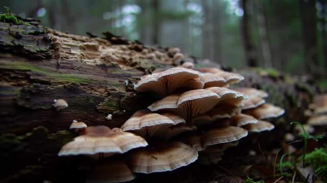 Enchanting Fungi Clustering on Decaying Log in Woodland Setting
