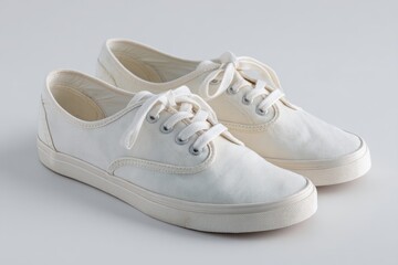 Pair of clean, off-white canvas sneakers with low-profile, flat soles and simple laces; slightly worn appearance