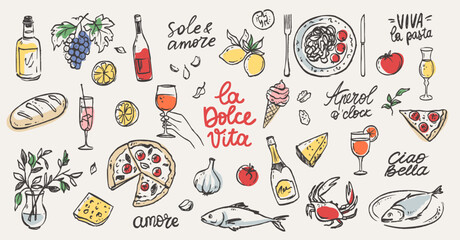 Food and Wine Doodles with Pasta, Cheese, Pizza, and Mediterranean Elements. Whimsical Italian Vector Set