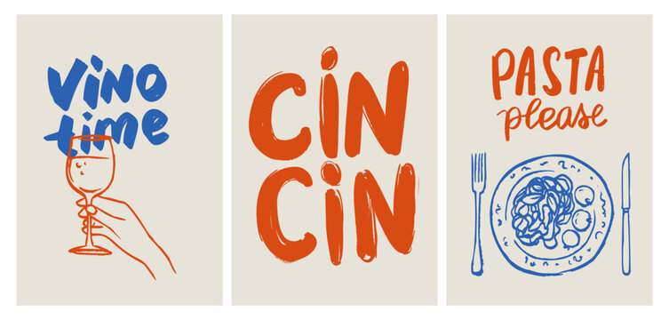 Italian Food Poster With Whimsical Vintage Summer Vibe. Doodle Illustrations Featuring Pasta, Pizza and Wine.